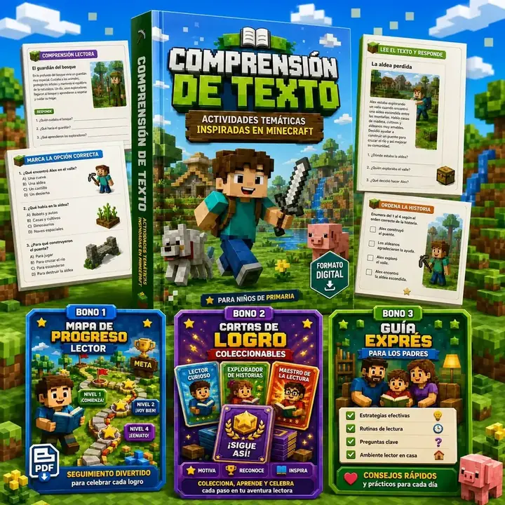 Mockup del material de comprensión lectora estilo mundo de bloques con libro principal, actividades y 3 bonos