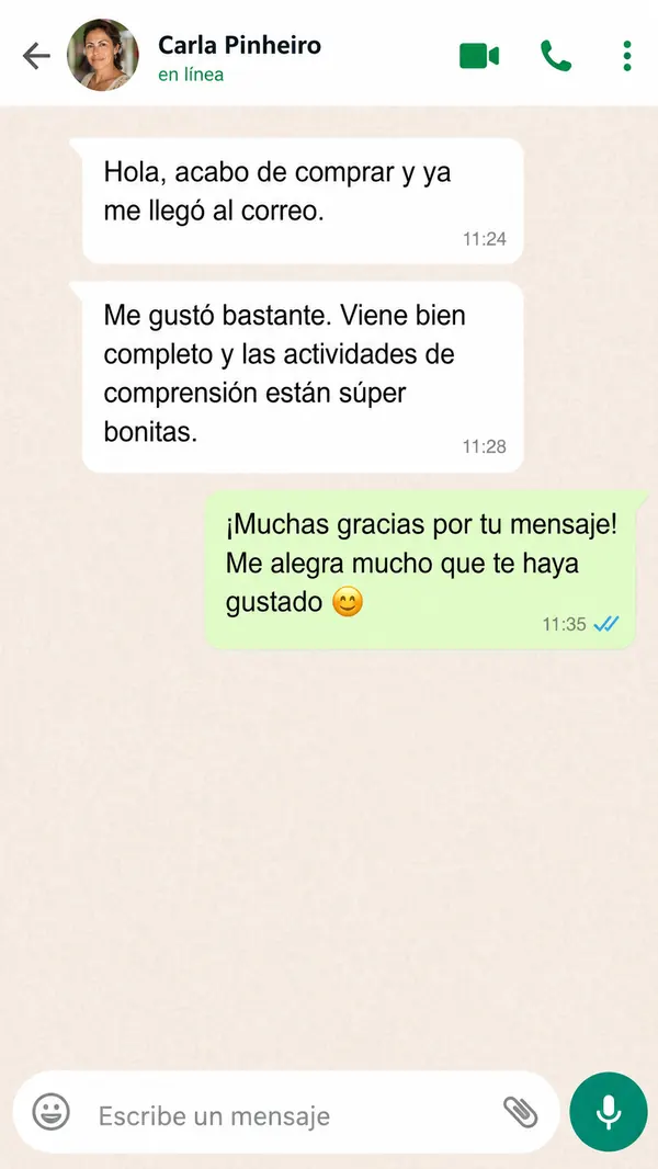 Mensaje de una mamá agradeciendo por el material de comprensión lectora