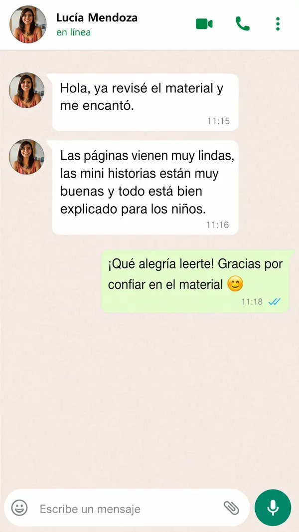 Mensaje de una mamá contando que las páginas y mini historias le encantaron