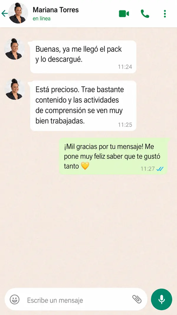 Mensaje de una mamá diciendo que el material llegó y quedó precioso