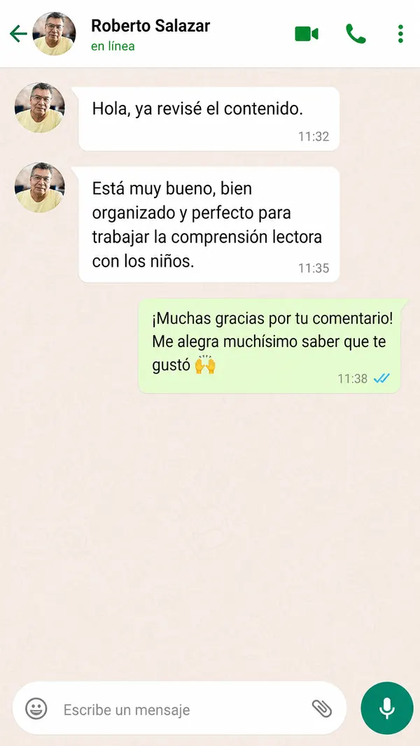 Mensaje de un papá diciendo que el contenido está muy bueno y organizado