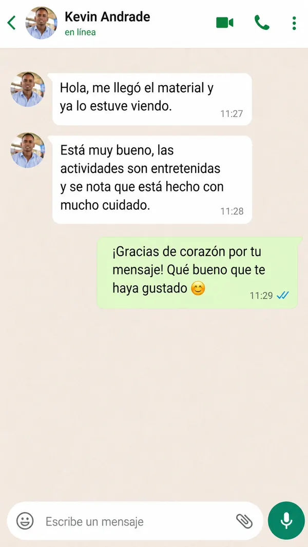 Mensaje diciendo que las actividades son entretenidas y hechas con cuidado