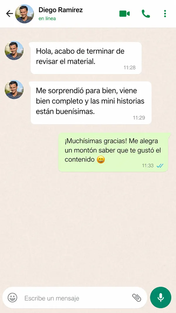 Mensaje diciendo que el material sorprendió para bien y las mini historias están buenísimas